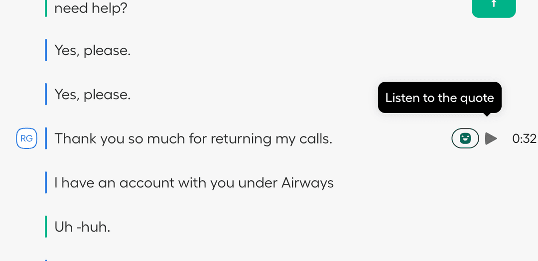 Aircall call transcript interface displaying conversation text with playback option for a specific quote and mood marker..png