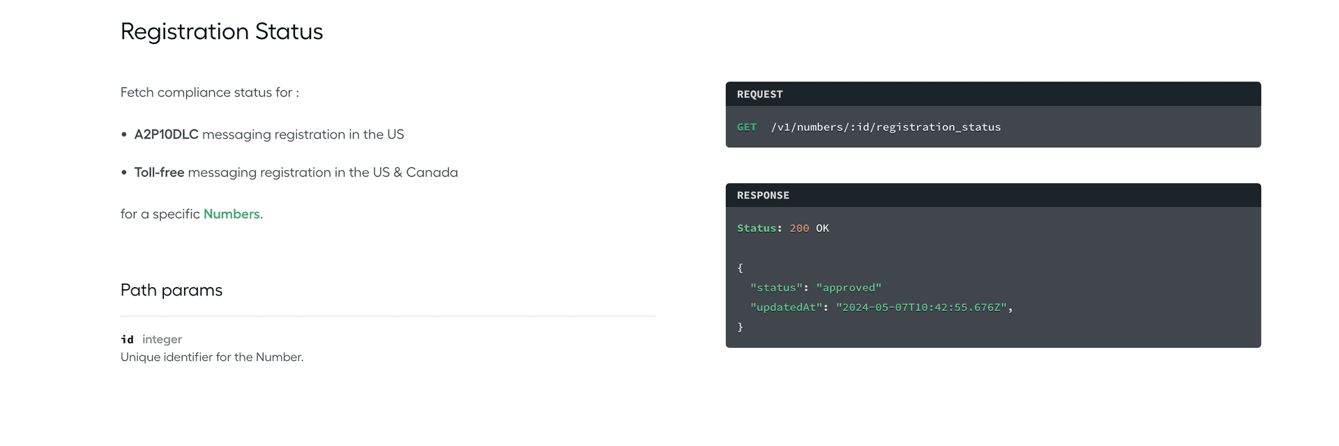 API documentation page showing how to fetch registration status for A2P10DLC or Toll-free messaging in the US and Canada, including GET request example and JSON response with status approved.png
