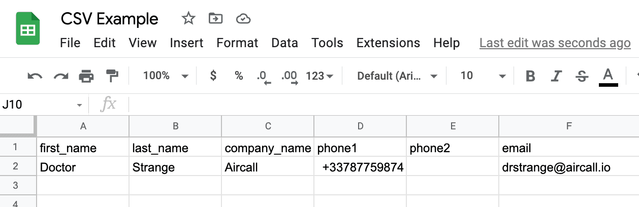 Example CSV file showing contact fields: first name, last name, company, phone numbers, and email