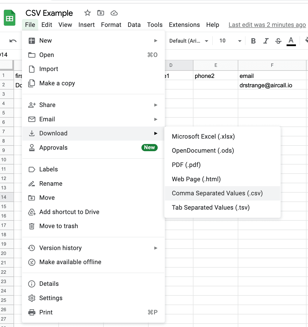 Google Sheets menu showing File > Download > Comma Separated Values (.csv)