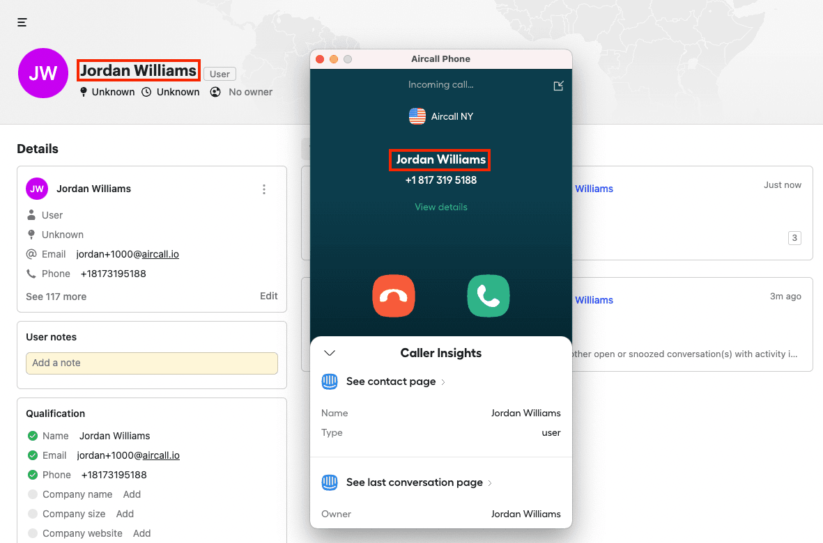Aircall integration with Intercom showing an incoming call from a contact with synced caller insights including contact name, email, and phone number.