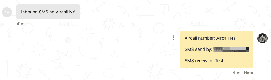 Inbound SMS log in Intercom conversation showing Aircall number, sender details, and received SMS message content.