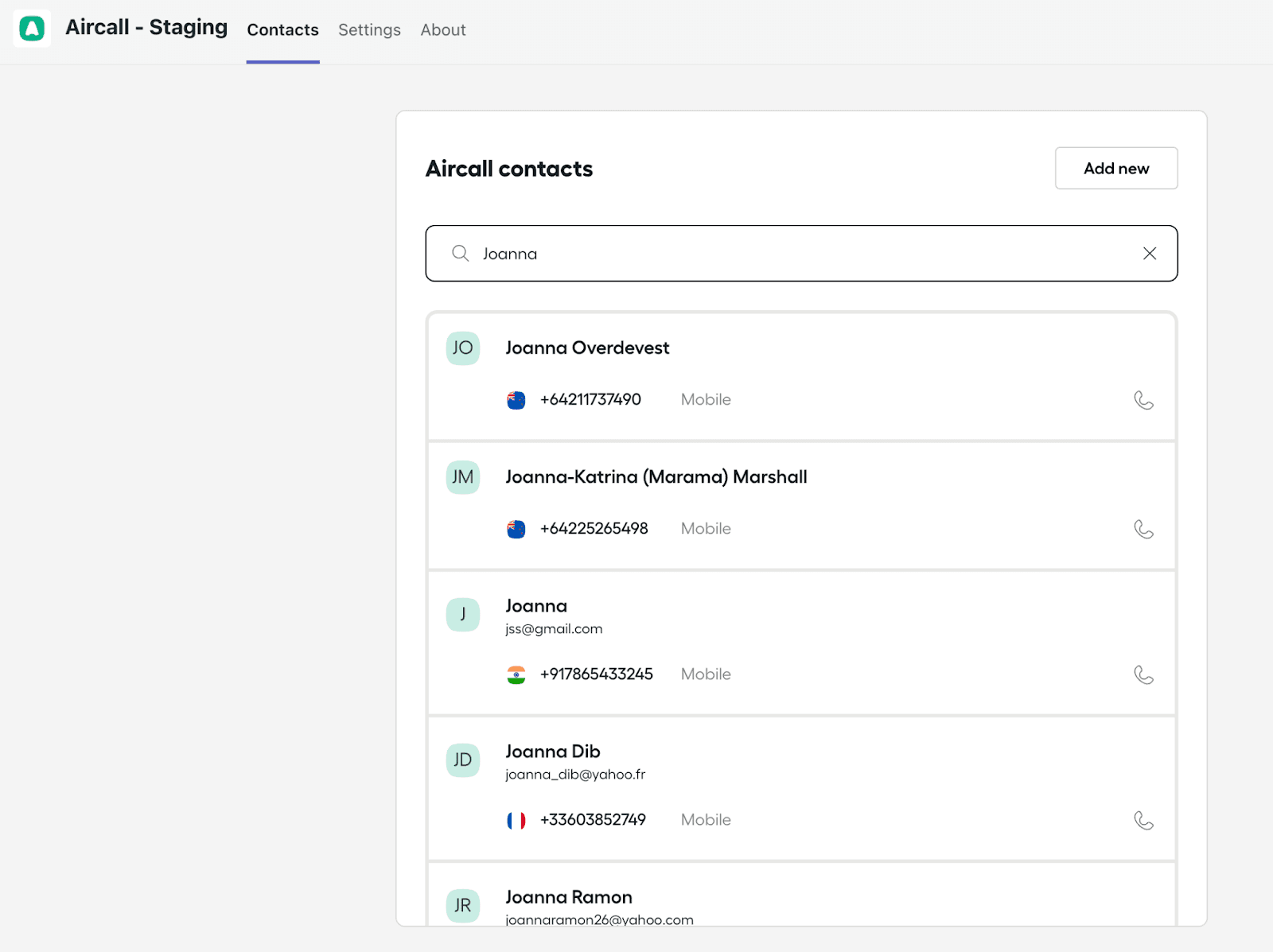 Image showing the Aircall Tab in Teams