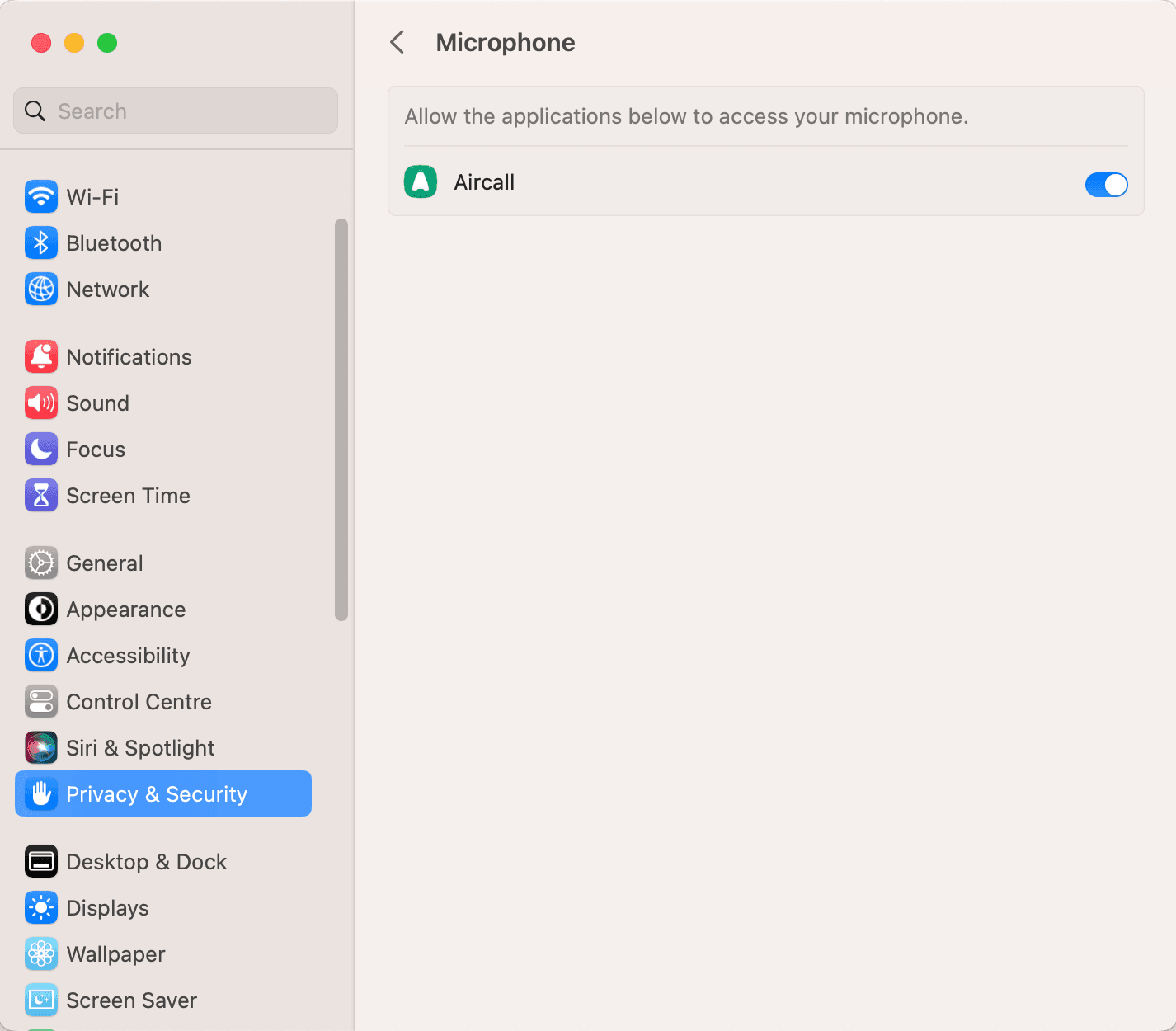 Mac System Settings showing Microphone permissions with Aircall enabled.