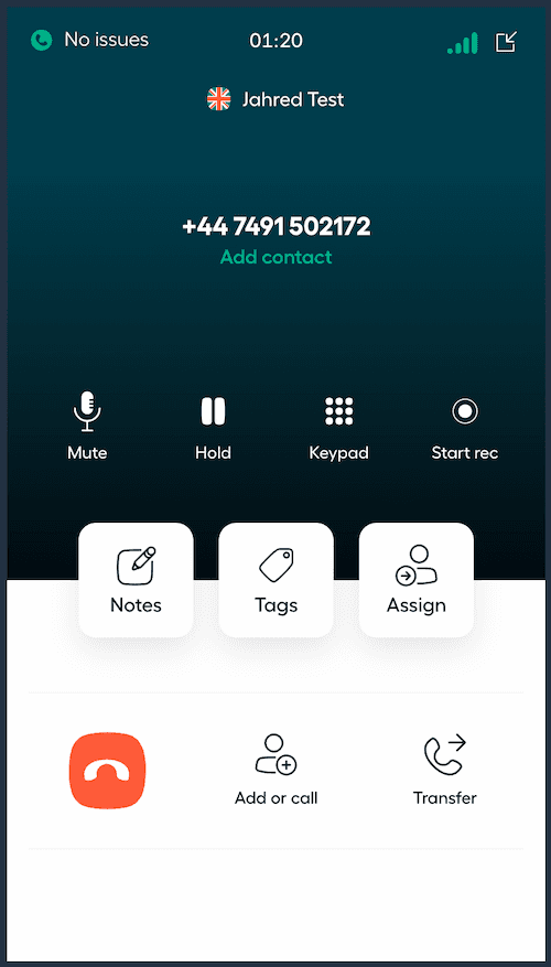Aircall active call screen showing no quality issues and caller details.
