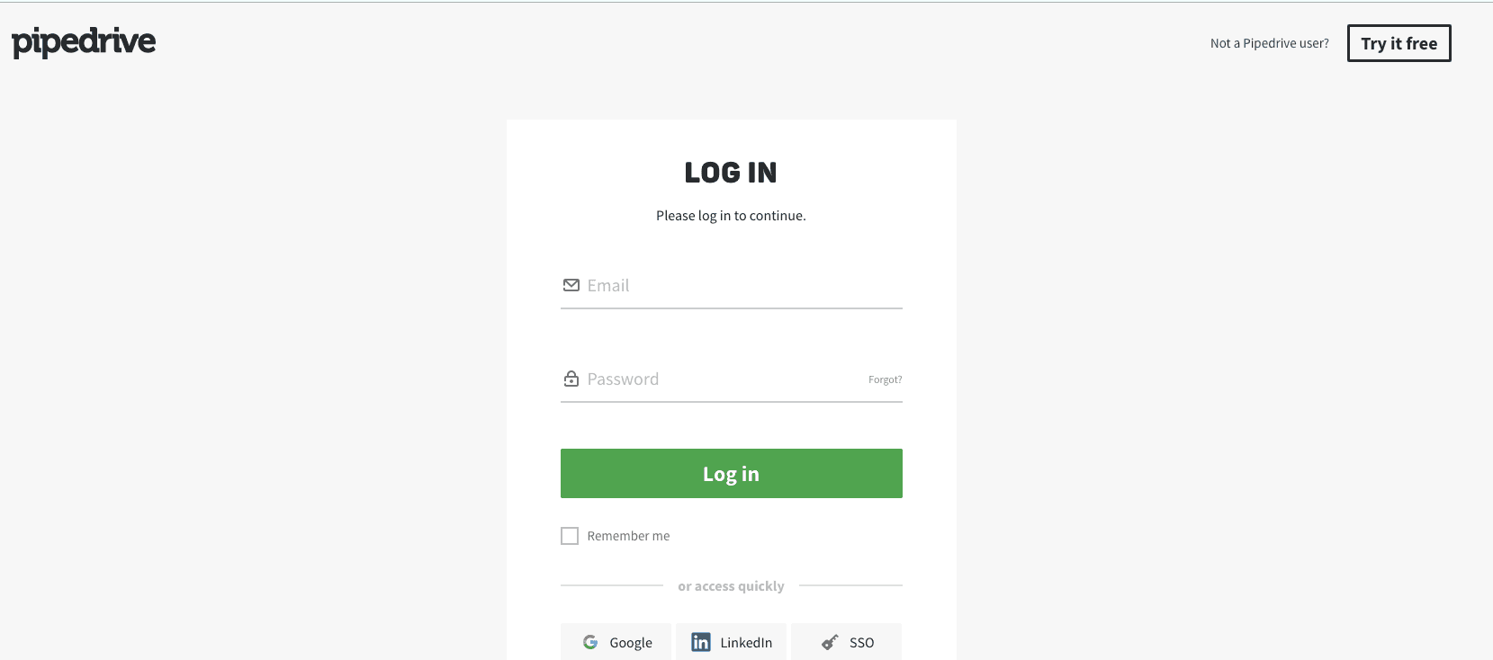 Pipedrive login screen with fields for email and password, and options for Google, LinkedIn, or SSO login..png