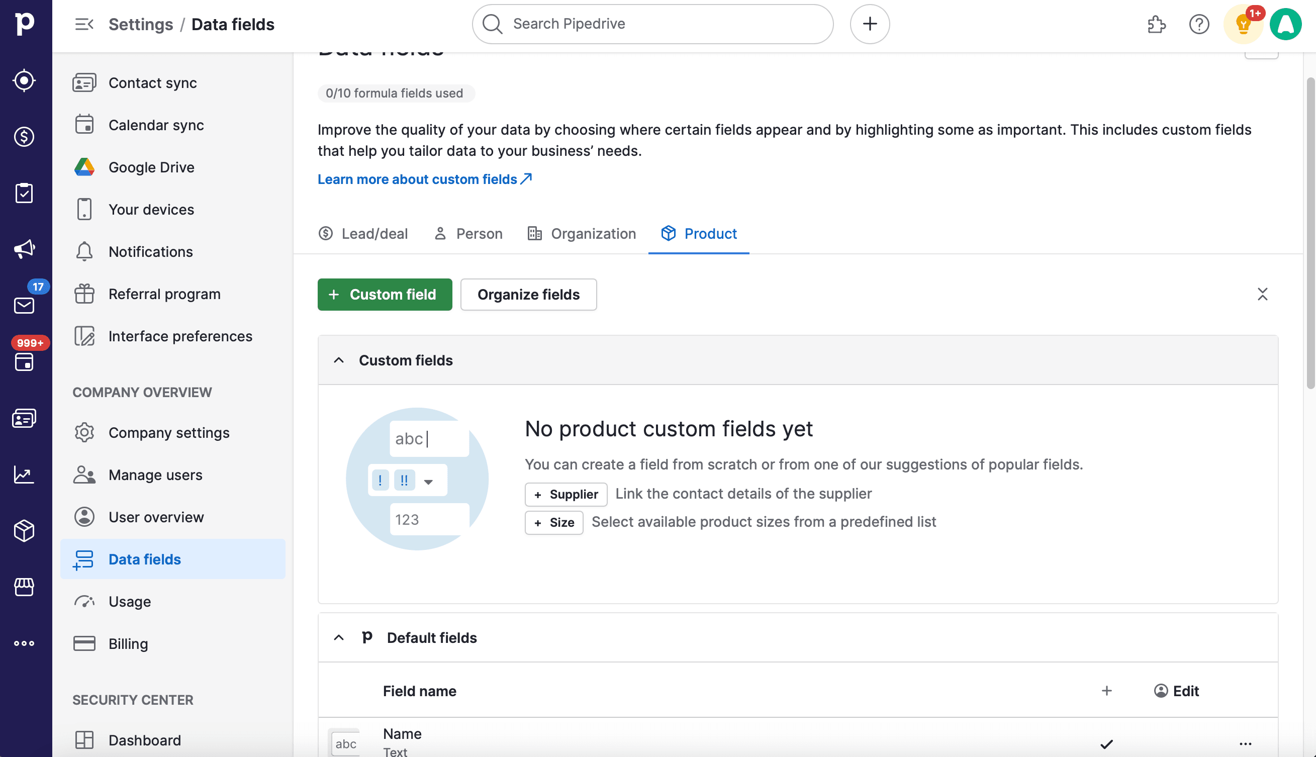 Pipedrive Data Fields settings under Product tab showing no product custom fields created yet, with options to add a custom field or organize fields..png