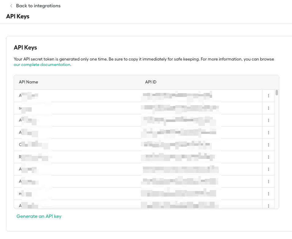 Image showing the API keys tab
