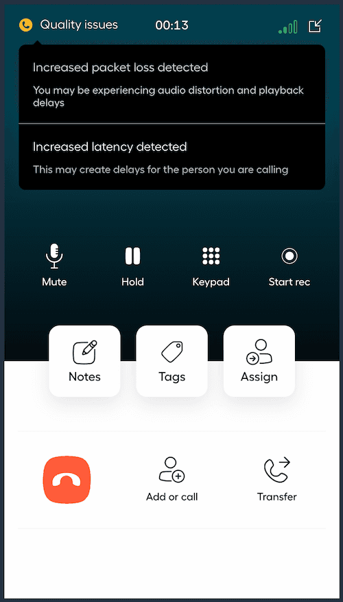 Aircall call screen showing quality issues with packet loss and increased latency alerts.