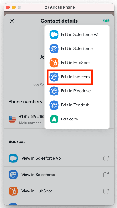 Aircall Phone contact details panel showing edit options for Salesforce, HubSpot, Intercom, Pipedrive, and Zendesk integrations.