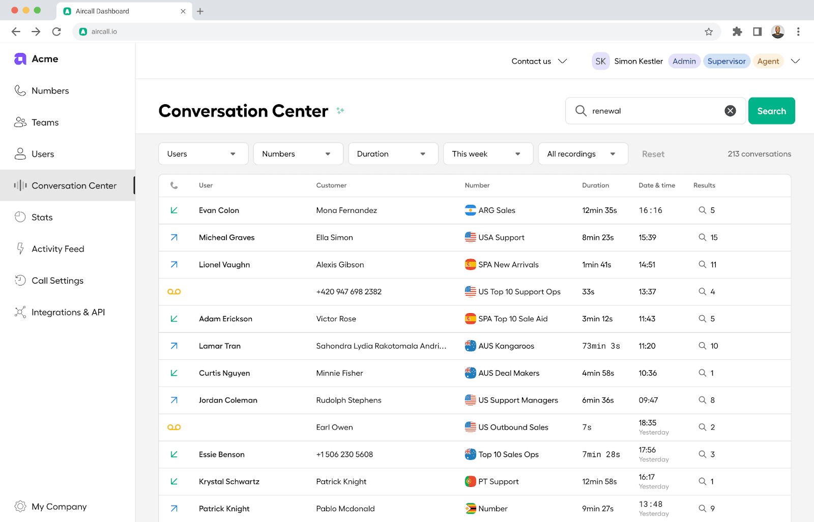 image showing the conversation center transcript search
