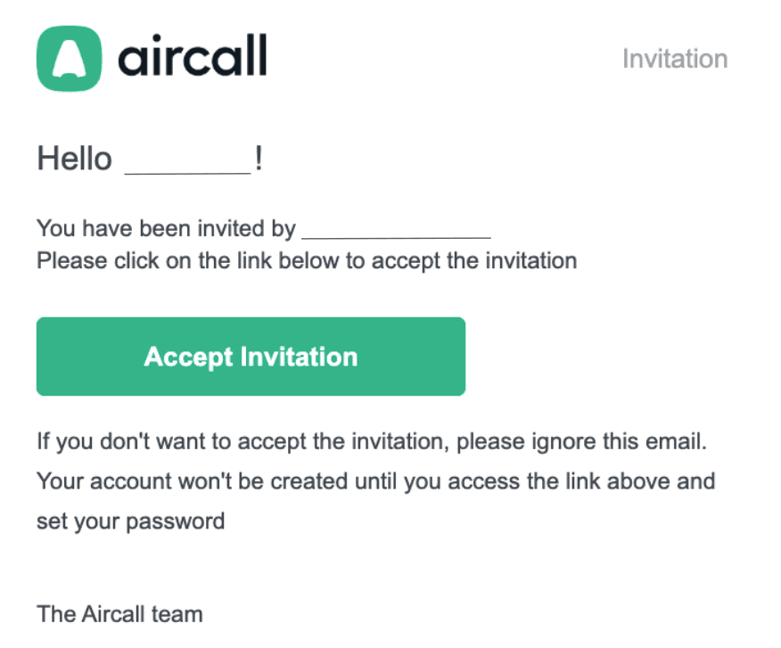 Aircall invitation email showing greeting, inviter information placeholder, and a green ‘Accept Invitation’ button with instructions to create or ignore the account invitation