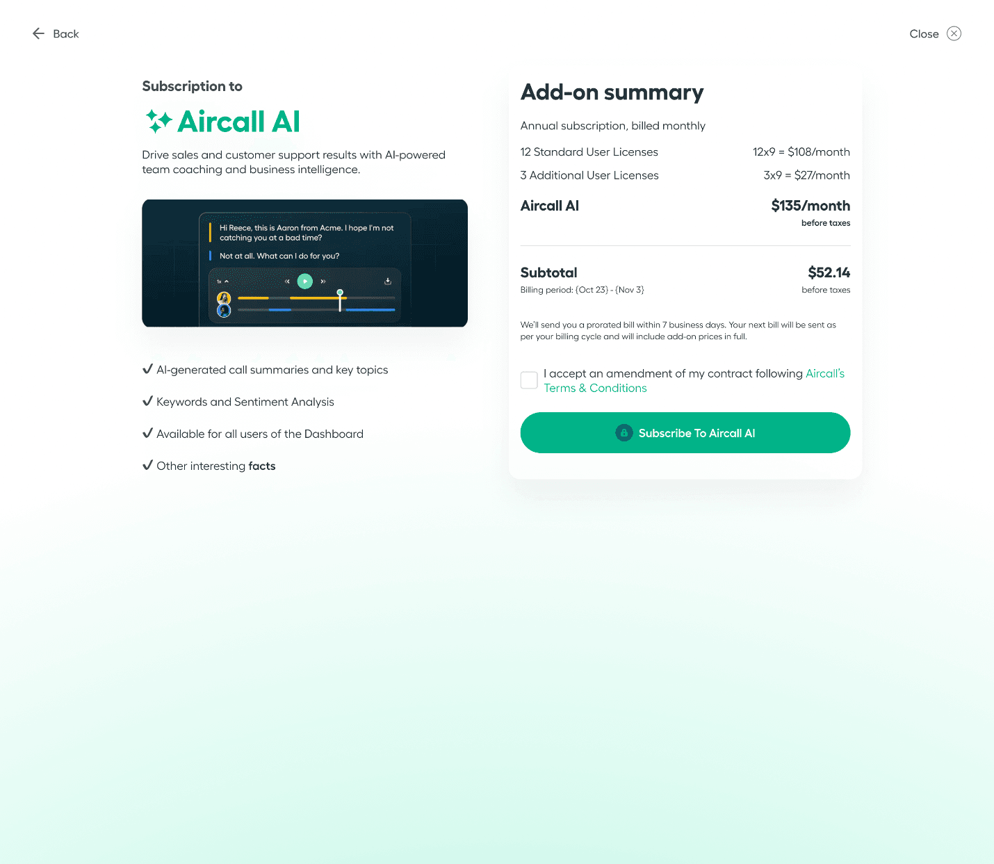 Aircall AI subscription screen showing plan details and pricing summary. Includes AI-generated call summaries, sentiment analysis, and dashboard access. The add-on summary lists 12 standard and 3 additional user licenses totaling $135/month before taxes, with a “Subscribe to Aircall AI” button..png