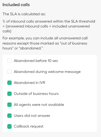 SLA included calls overview 