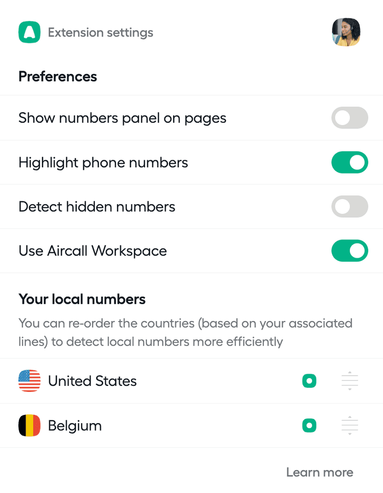 image showing aircall extension settings