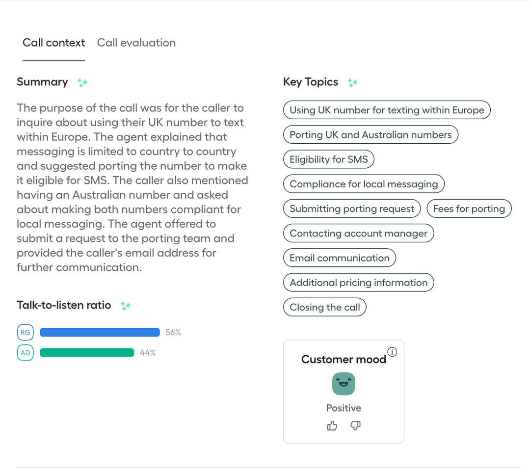 Aircall Conversation Center call details view showing call summary, key topics, talk-to-listen ratio, and customer mood indicator..png