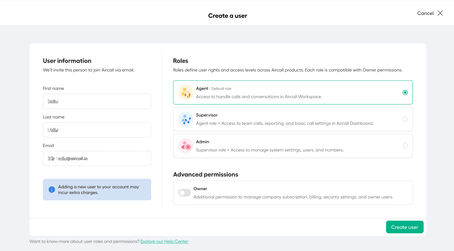 Create a user in the Aircall dashboard showing fields for user details, role selection, and permissions..png
