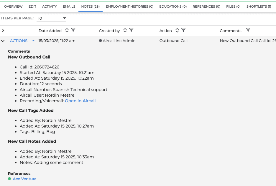 Example of call activity note in Aircall integrated system showing an outbound call record with call ID, timestamps, duration, user details, tags, notes, and a link to open the call in Aircall