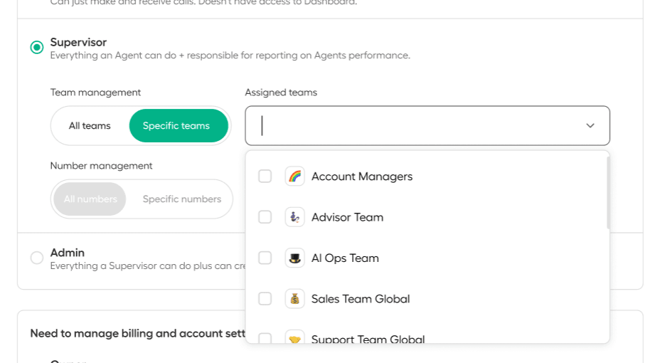 Aircall Dashboard Supervisor role settings showing the selection of specific teams to assign under team management.