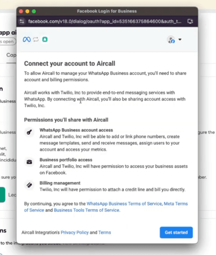 Facebook Login for Business popup prompting to connect a WhatsApp Business account to Aircall with listed permissions and a “Get started” button.
