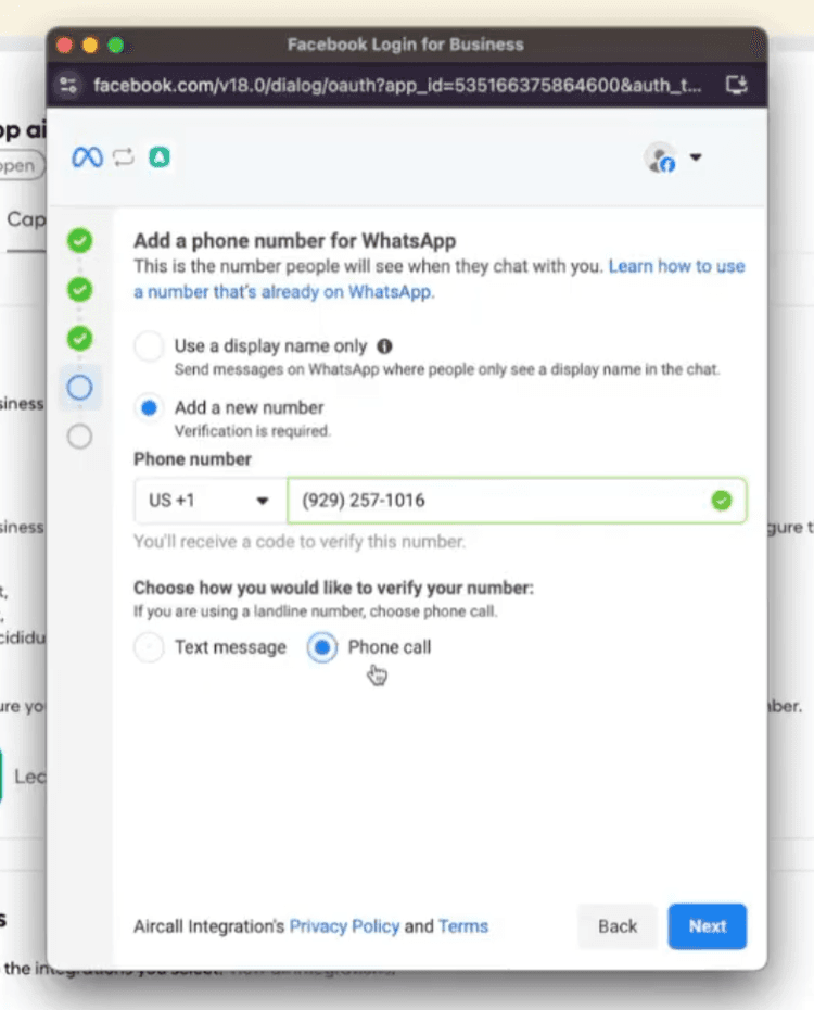 Facebook Login for Business screen to add and verify a WhatsApp phone number with options for text message or phone call verification.