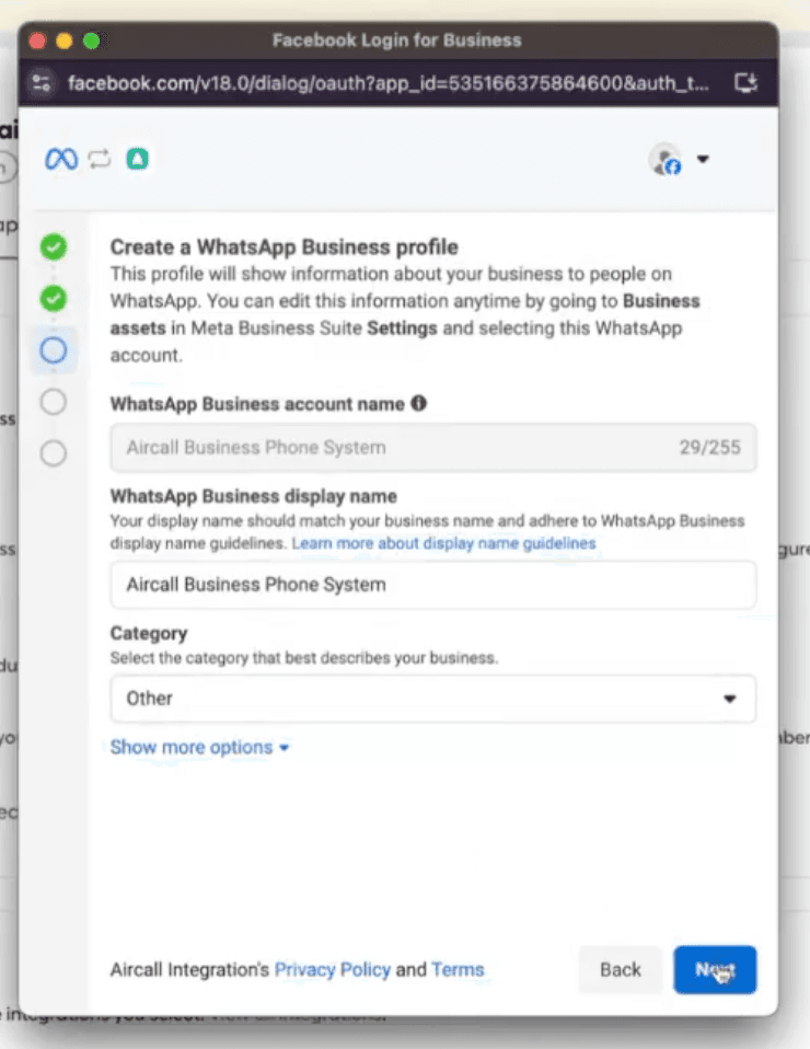 Facebook Login for Business screen to create a WhatsApp Business profile with fields for display name and business category, and a “Next” button.