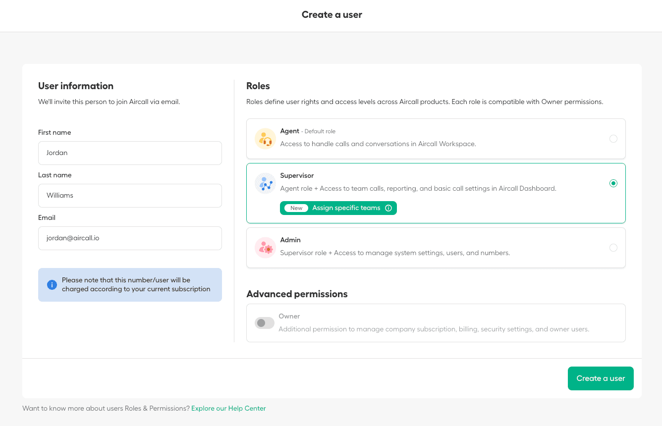 Create a user in the Aircall dashboard with Supervisor role selected and advanced permissions options.png