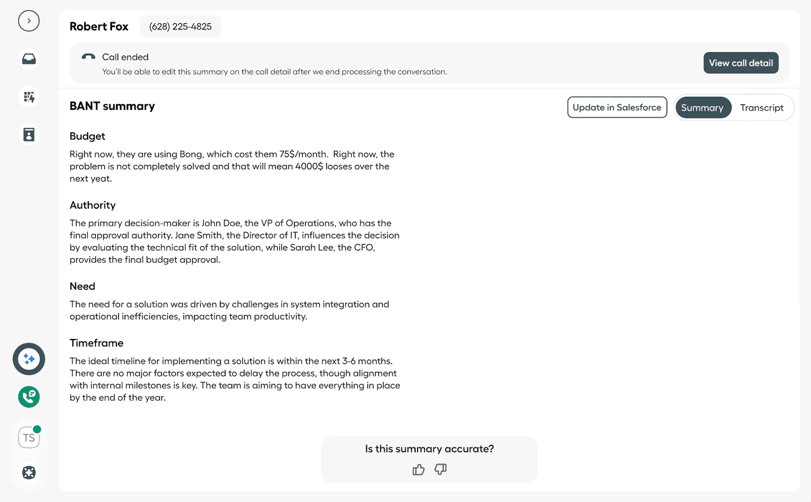 Image showing the summary after the call
