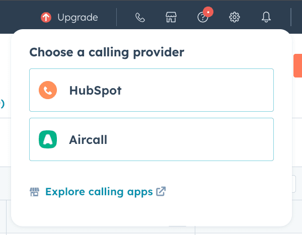 HubSpot calling provider selection menu showing options for HubSpot and Aircall.png