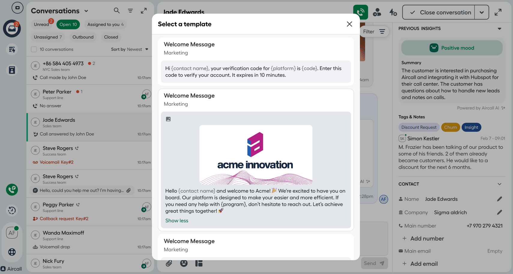 The Select a template window in Aircall Workspace for sending a WhatsApp message. Two marketing message templates are visible, one of which includes an image and a welcome message from “acme innovation.” The user can preview and choose a template before sending..png