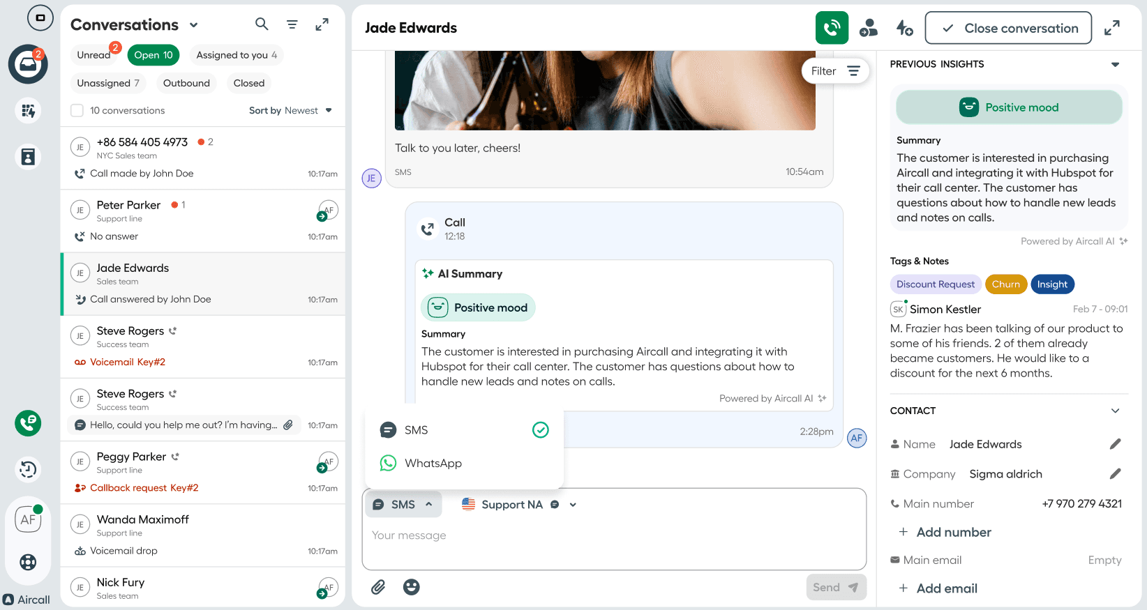 An Aircall Workspace conversation screen showing an AI-generated summary of a call with Jade Edwards. The summary includes a positive mood indicator, a short synopsis of the customer’s interest, and relevant tags like Discount Request and Churn. The left panel lists multiple open conversations with other contacts..png