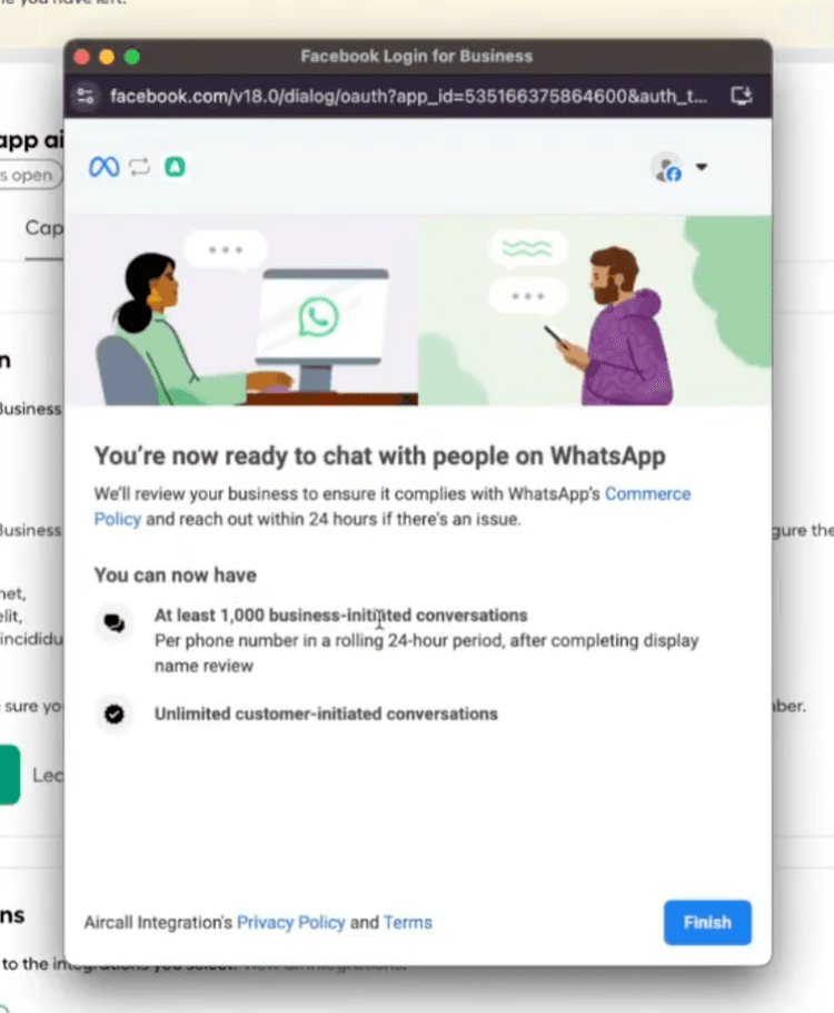 Facebook Login for Business confirmation screen showing WhatsApp setup completion with messaging limits and a “Finish” button.