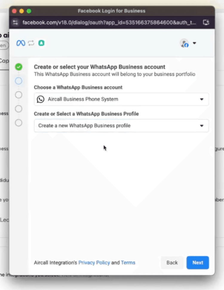 Facebook Login for Business screen showing option to choose or create a WhatsApp Business account for Aircall Business Phone System.