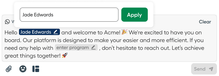 A personalized WhatsApp message preview in Aircall Workspace. The system automatically inserts the contact name Jade Edwards into a prewritten welcome message. The user can also edit placeholders like {program} before clicking Apply or Send.png