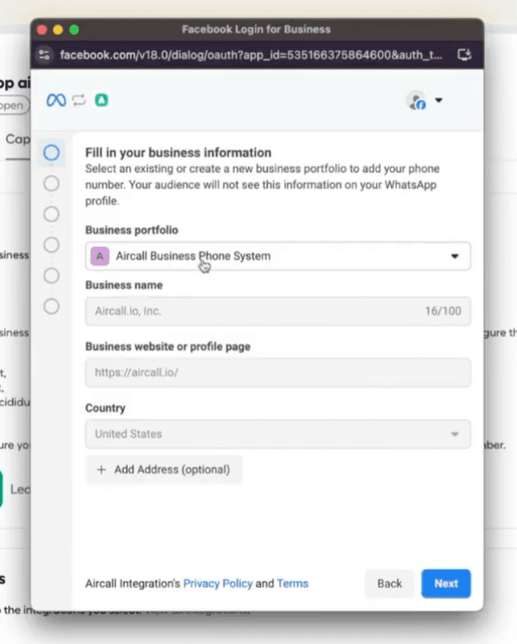 Facebook Login for Business form to fill in business details, showing Aircall Business Phone System selected and a “Next” button.