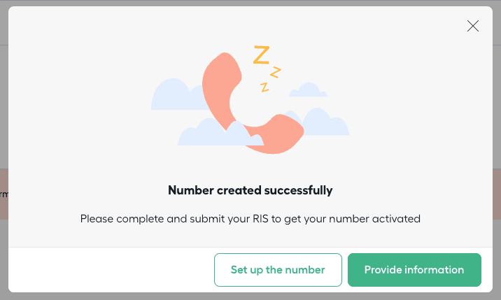Aircall pop-up showing “Number created successfully” with options to set up the number or provide information for activation.