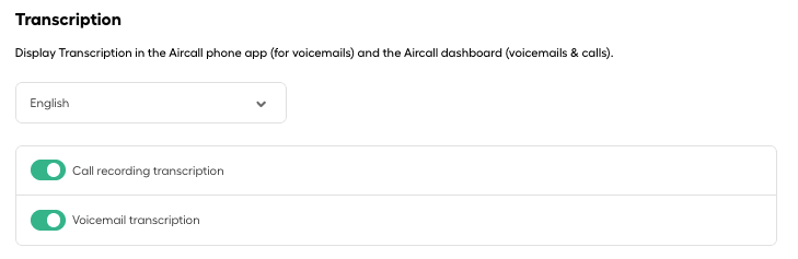 Transcription settings with language selection and toggles for call and voicemail transcription.
