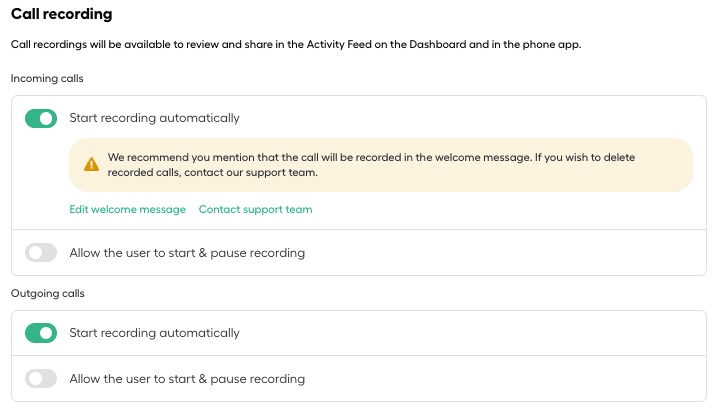 Call recording settings showing automatic and manual recording options