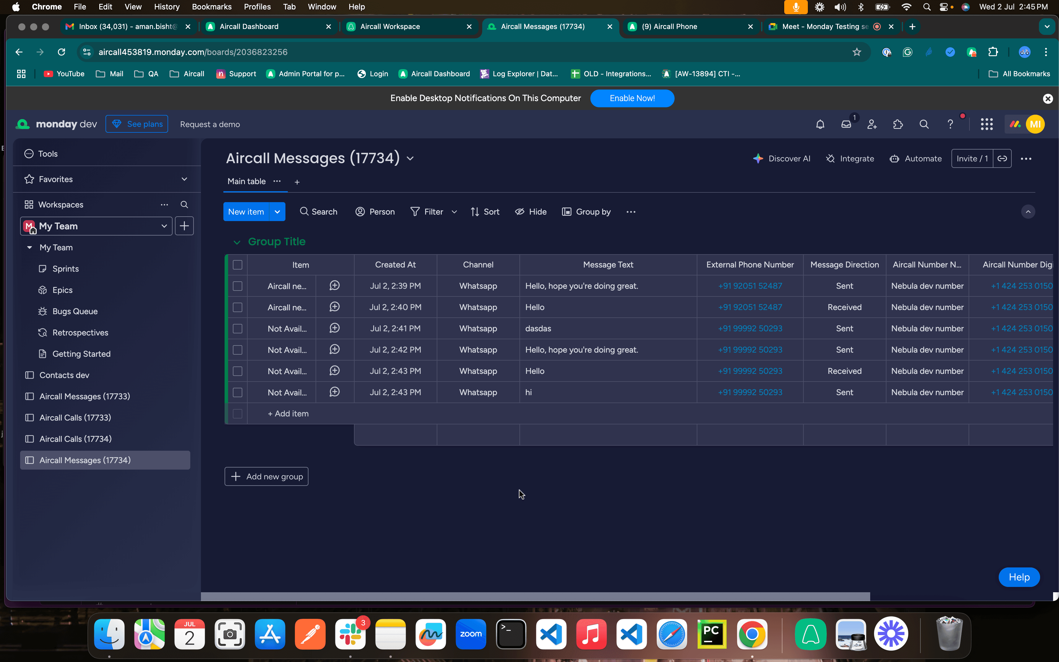 Aircall messages table in Monday.com. with the open side bar openpng