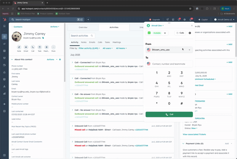 Aircall dialer integrated in HubSpot contact view, allowing calls and messages directly from a contact record