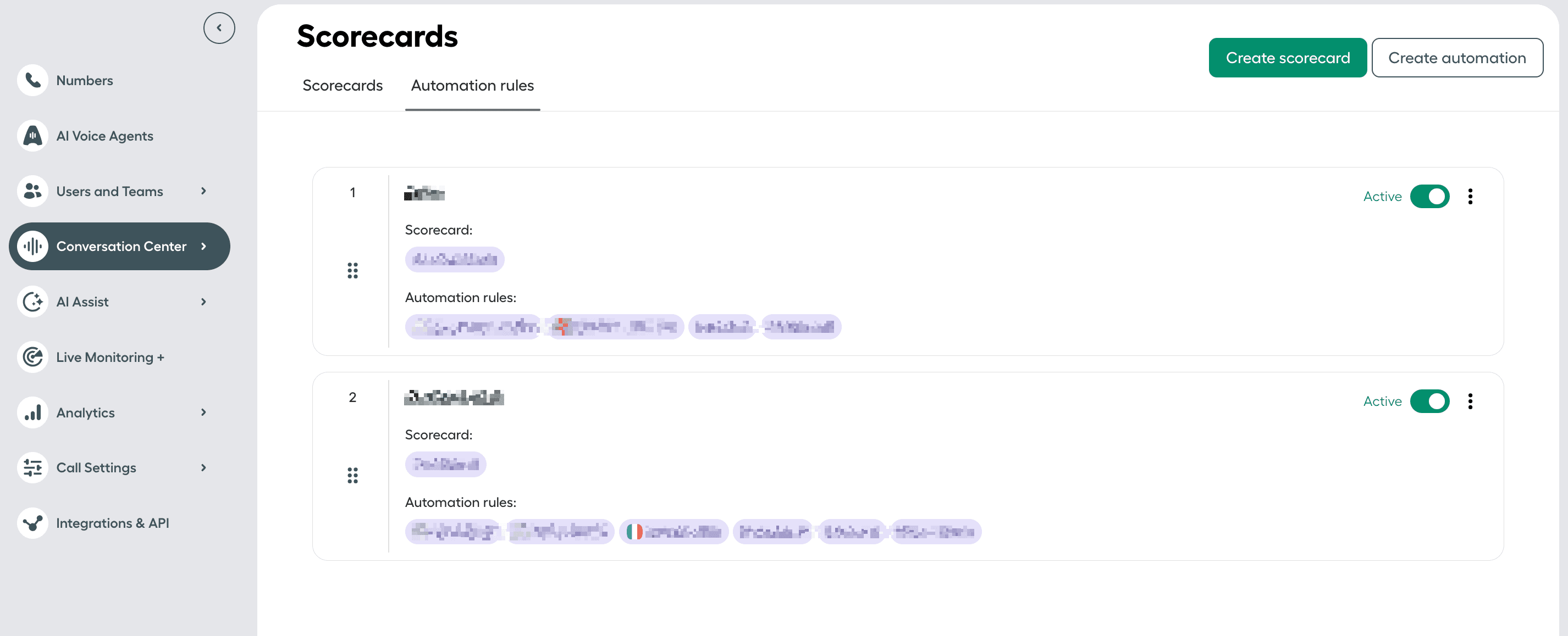 Aircall Conversation Center showing Scorecards and Automation rules overview with options to create new scorecards or automations.