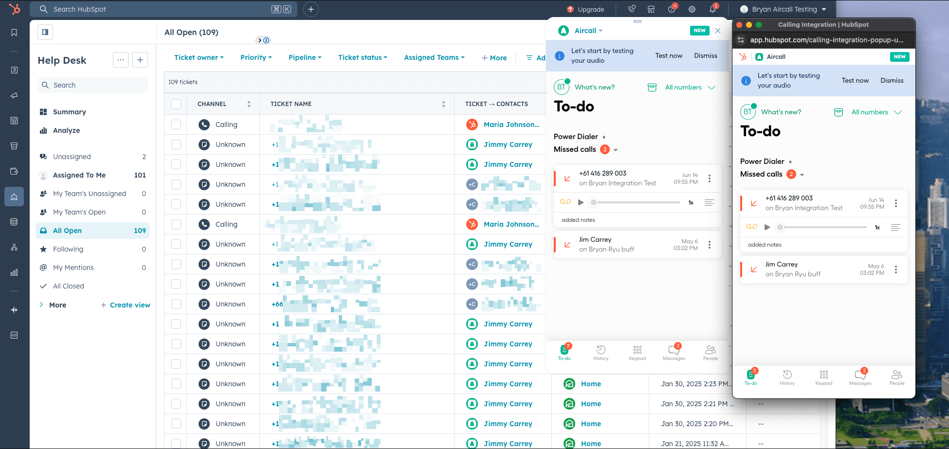 Aircall integration in HubSpot Help Desk showing To-do panel with Power Dialer and missed calls list