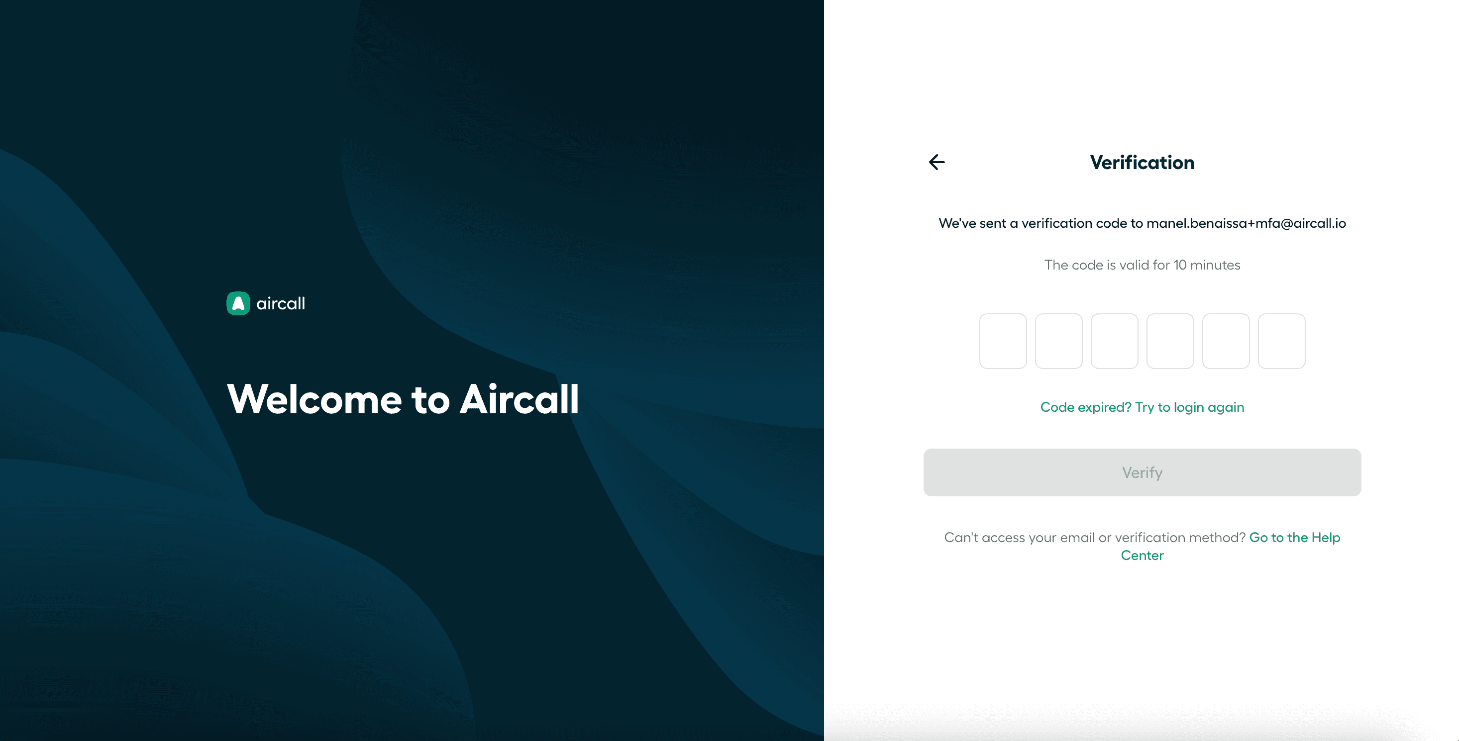 Aircall verification screen prompting user to enter a six-digit code sent to their email, showing placeholders for code input and link for help.png
