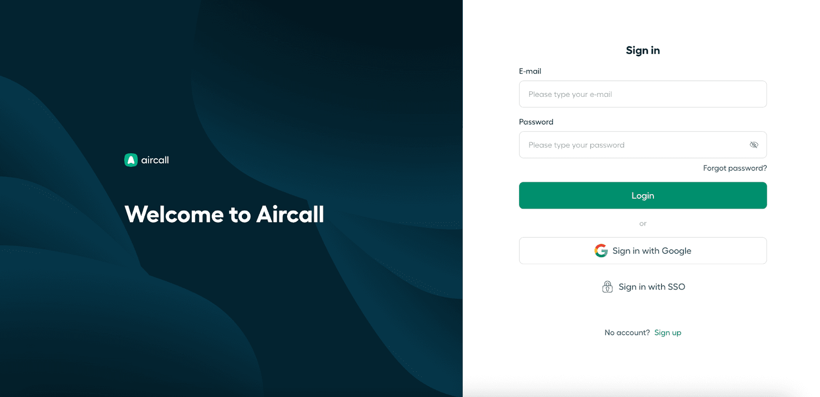 Aircall login page showing fields for email and password, with options to sign in using Google or SSO, and a sign-up link at the bottom
