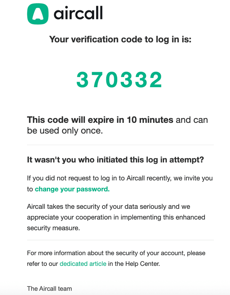 Aircall verification email showing a six-digit code with expiry time and security instructions for users who did not initiate the login attempt.