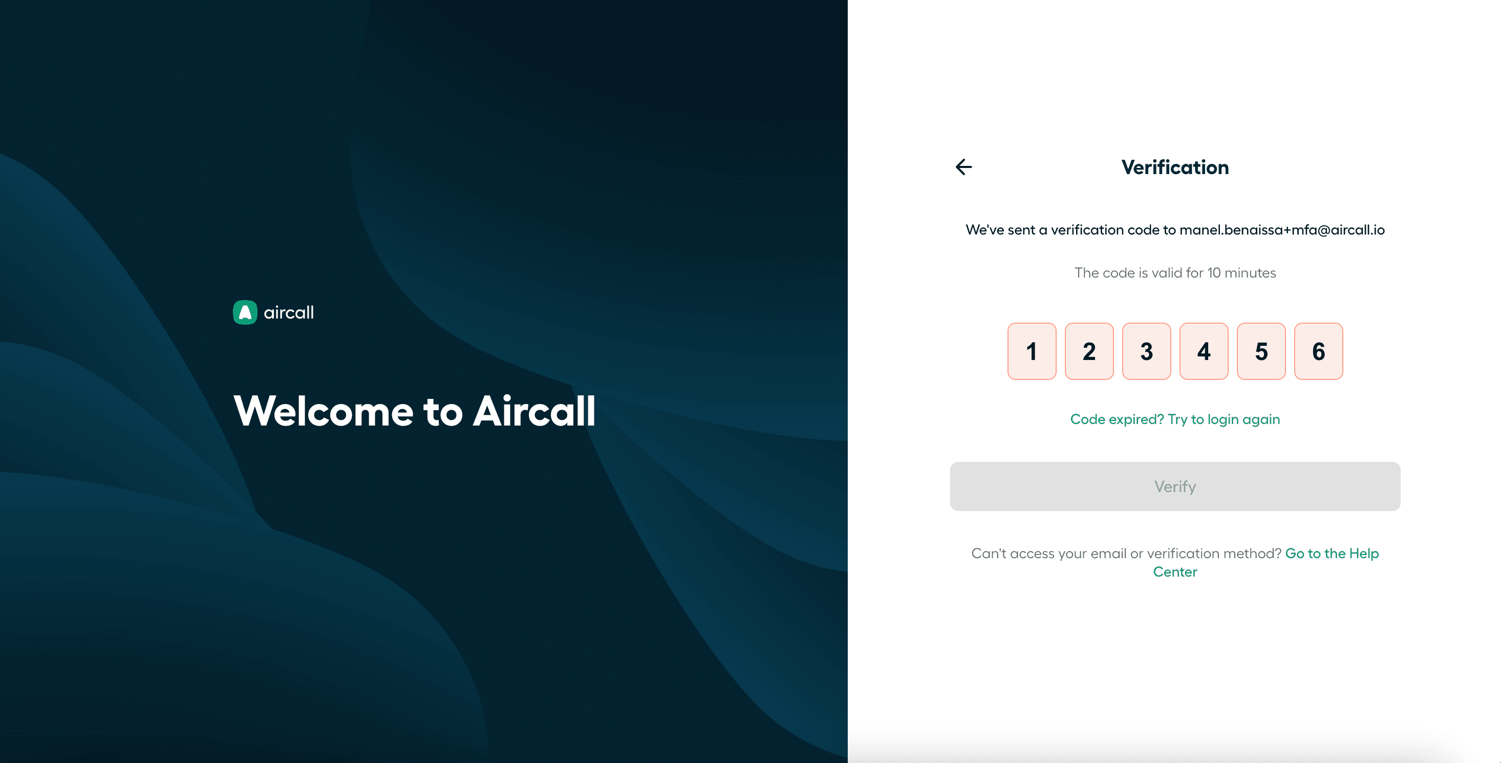 Aircall verification screen with all six digits entered in the verification code input boxes, ready for confirmation