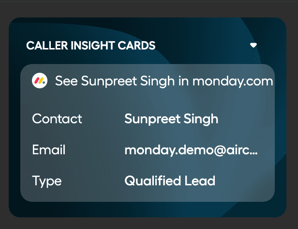 Caller insight card with a contact info., email and type.png