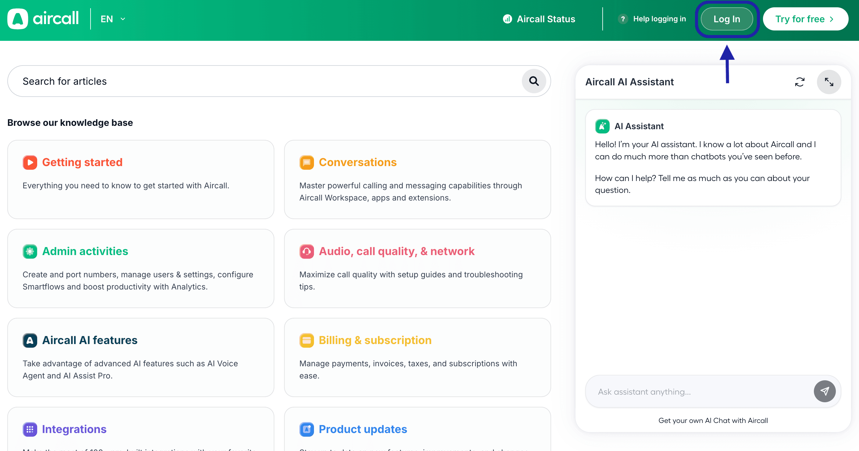 Aircall support portal main page where users can login to submit a ticket