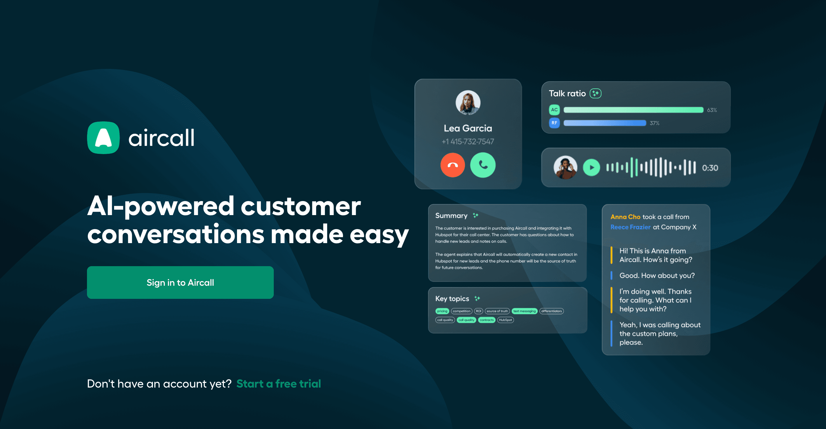 The sign-in page which promotes the AI features of Aircall