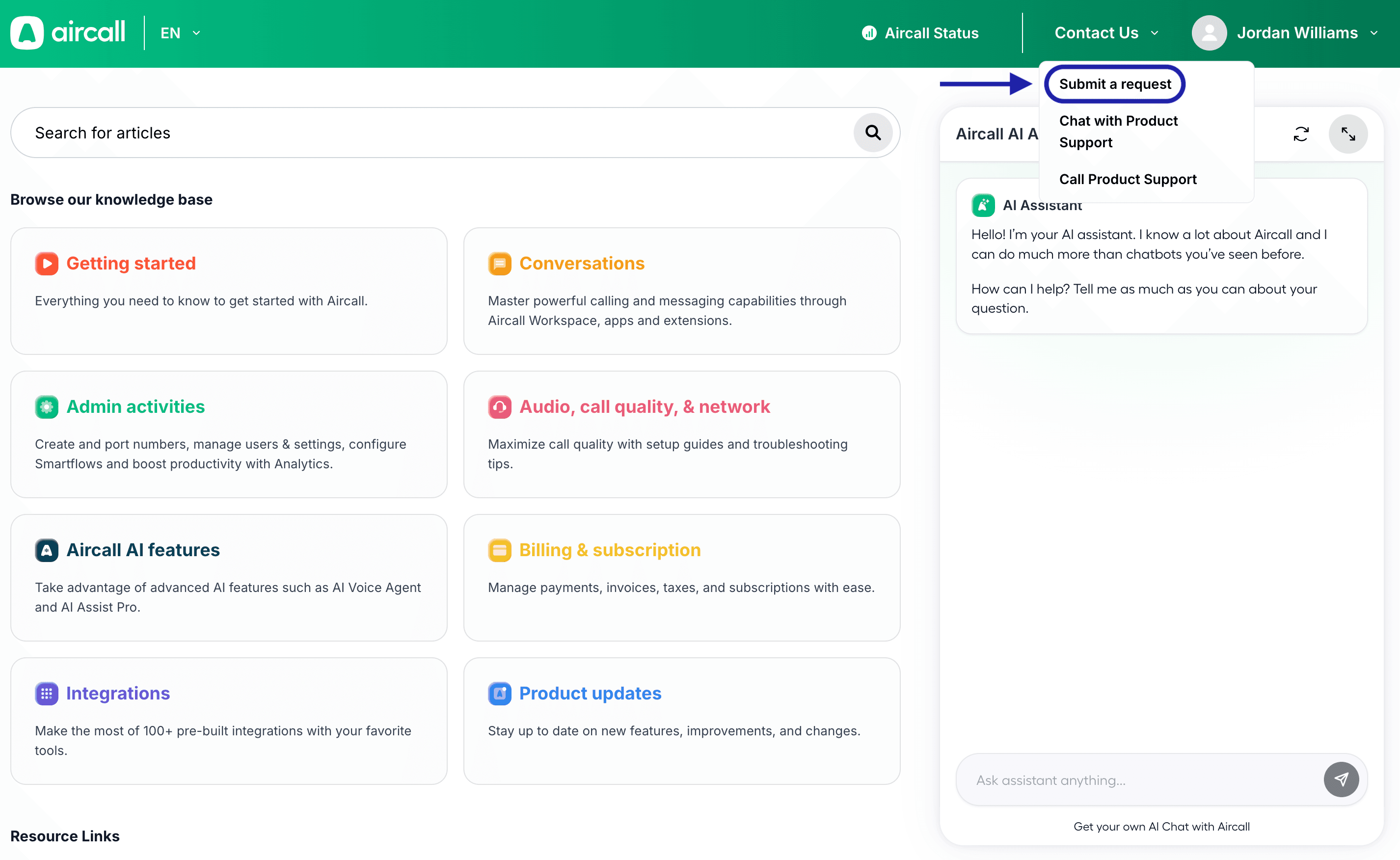 Main page of the Aircall Help Center where you can submit your request with our support team